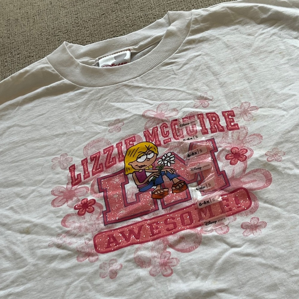 Vintage Disney Store Lizzie McGuire‎ T-Shirt White Pink Glitter Y2K Girls 6-6x S